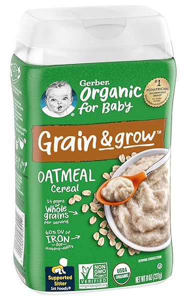 GERBER ORGANIC FOR BABY 1ST FOODS GRAIN & GROW CEREAL, OATMEAL CEREAL, MADE WITH WHOLE GRAINS & IRON, USDA ORGANIC & NON-GMO, 8-OUNCE CANISTER (PACK OF 1)