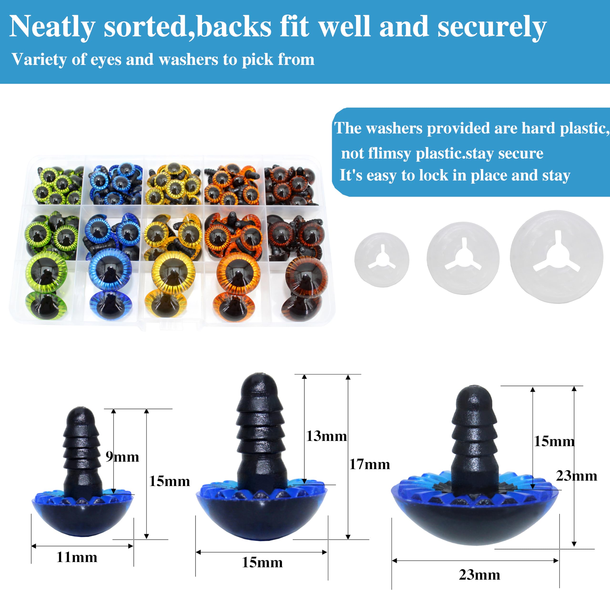 BESTCYC 1Box(160pcs) 3Size 5Colors Threaded Shank Design Plastic Safety Eyes Craft Eyes with Washers for Crafts DIY Amigurumi Stuffed Animal, Toy, Doll DIY Making Supplies (Blue.Green.Brown.Yellow.Orange)