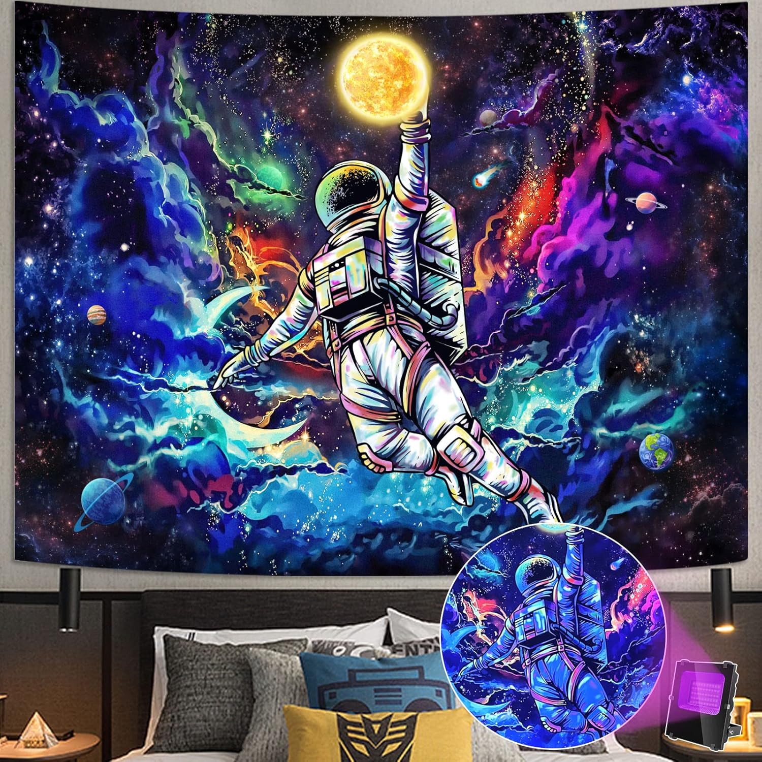 Tapestries - kampdream Blacklight Astronaut Space Tapestry, UV Reactive Galaxy Universe Planet Glow in Dark Tapestries for Men, Boys and Teens Cool Poster 60×80 inch