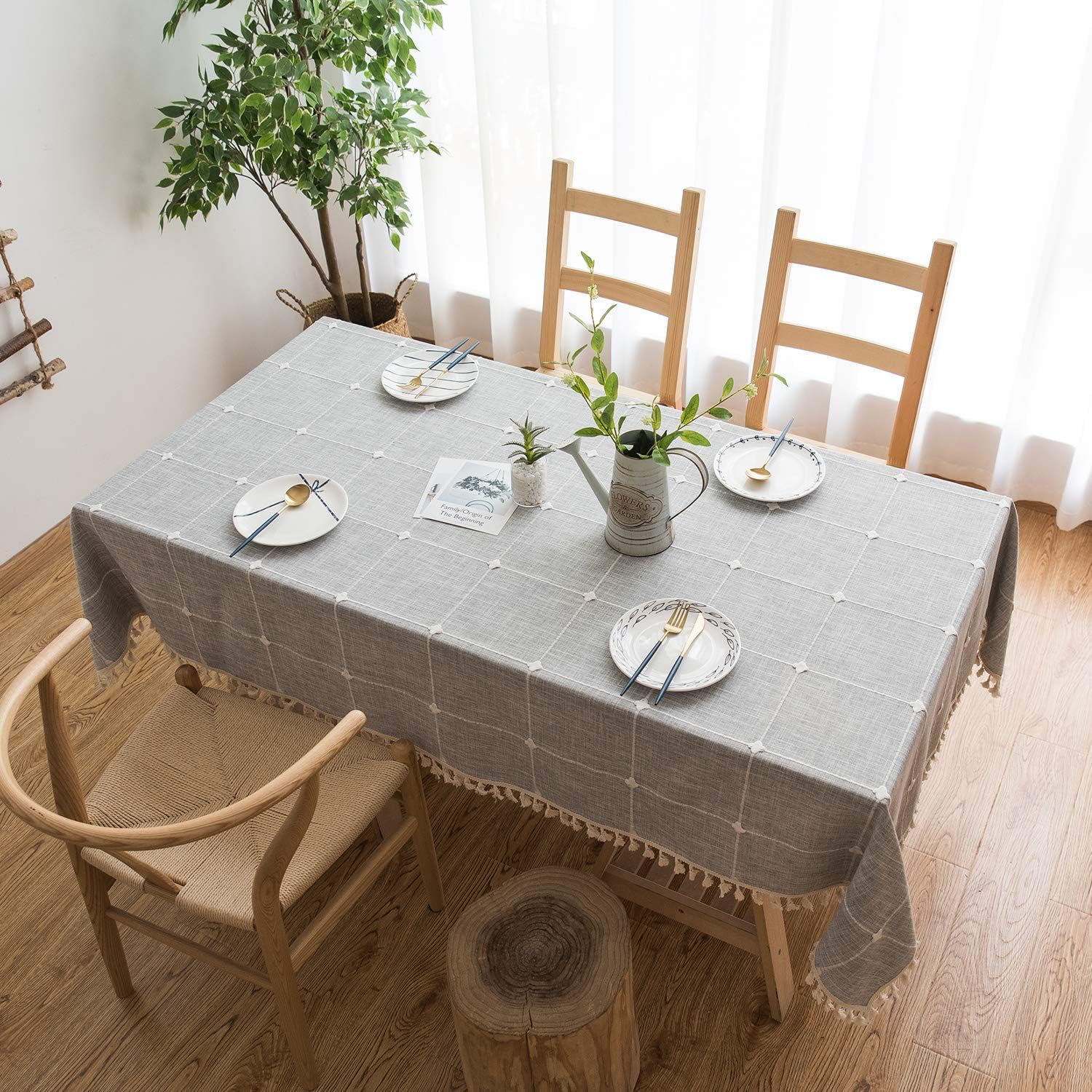 smiry Embroidery Tassel Tablecloth - Cotton Linen Dust-Proof Table Cover for Kitchen Dining Room Party Home Tabletop Decoration (Rectangle/Oblong, 55 x 86 Inch, Light Grey): Kitchen & Dining