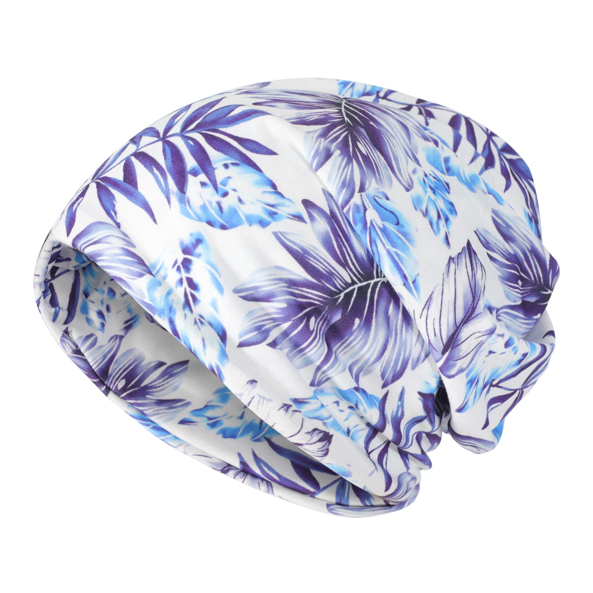 ZLYC Women Fashion Floral Slouchy Beanie Hat Lightweight Turban Hat (Leaves White),One Size