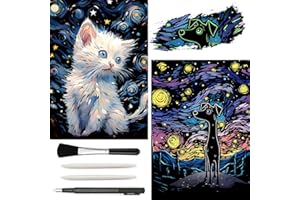 VTEAS Glow in The Dark Scratch Art Rainbow Painting Paper, 2 Pack Van Gogh Style Engraving Art Creative Craft Tools Set, Fun Magic DIY Sketch Card Scratchboard for Teen & Adults (Cats + Dogs)