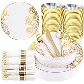 DaYammi 210Pcs White Gold Plastic Plates for Party,Gold Disposable Dinnerware Set Includes 60 gold Floral Plates,30 Plastic Silverware,30 Per Rolled Napkins,30 Cups for Mother's Day Party Wedding