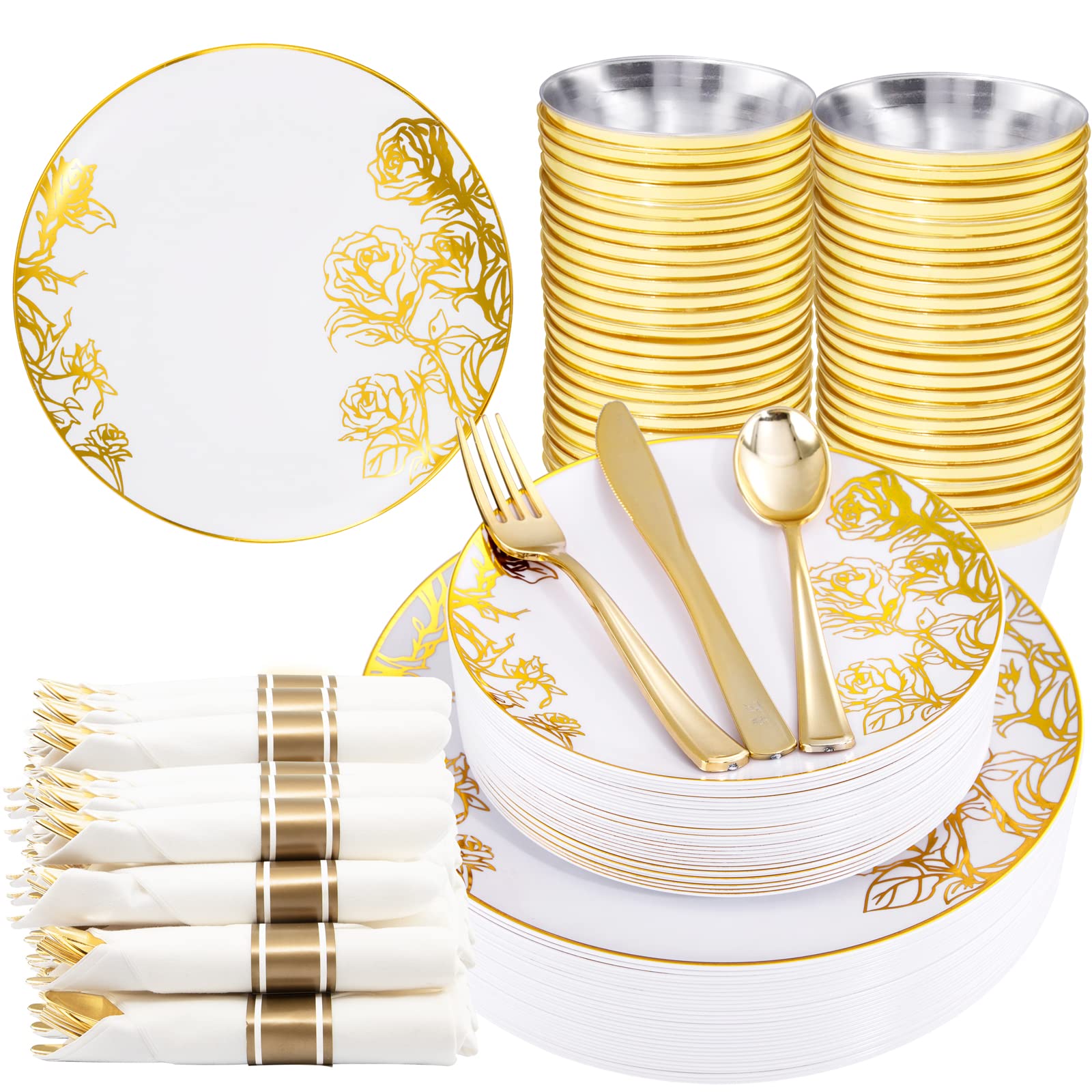 Photo 1 of ** MISSINF PLASTICWARE**
DaYammi 210Pcs White Gold Plastic Plates for Party,Gold Disposable Dinnerware Set Includes 60 gold Floral Plates,30 Plastic Silverware,30 Per Rolled Napkins,30 Cups for Valentine's Day Party Wedding