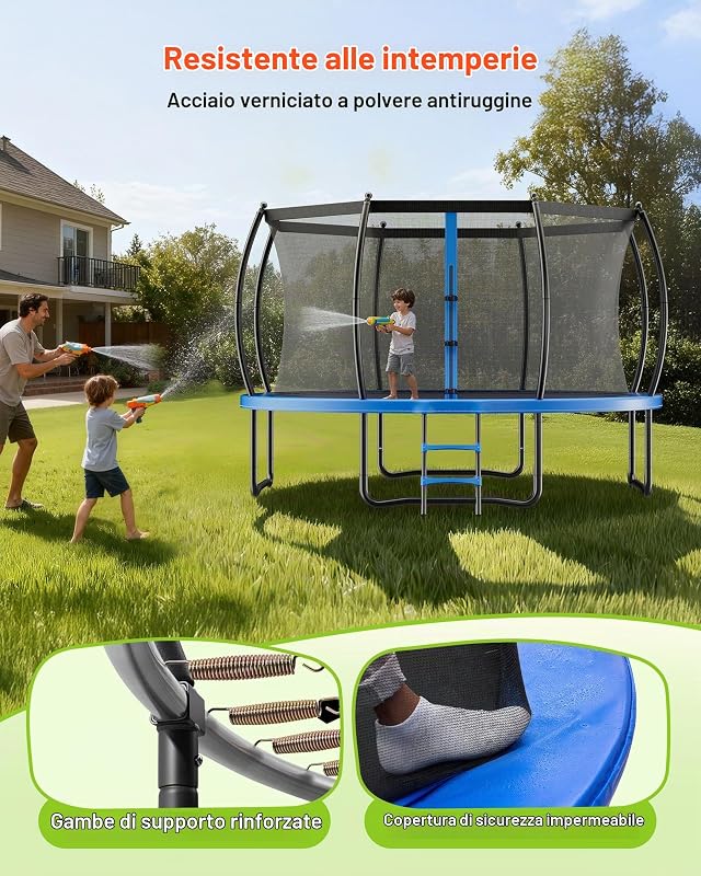 Trampolino Elastico per Bambini, Trampolino da Giardino da 3050 mm con Rete di Protezione e Imbottitura Ispessita, Capacità di 150 kg, Trampolini da Giardino Antiruggine Gioco per Bambini