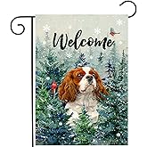 Welcome Winter Garden Flags Cavalier King Charles Spaniel Garden Flag Cardinal Birds on Snowy Pine Tree Flag Dog Yard Flags for Outside 12x18 Double Sided Christmas Decorative Lawn Flags