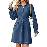 Simplee Womens Denim Dress Long Sleeve 2025 Fall Western Outfit Babydoll Button Down Mini Jean Dresses Trendy with Pockets