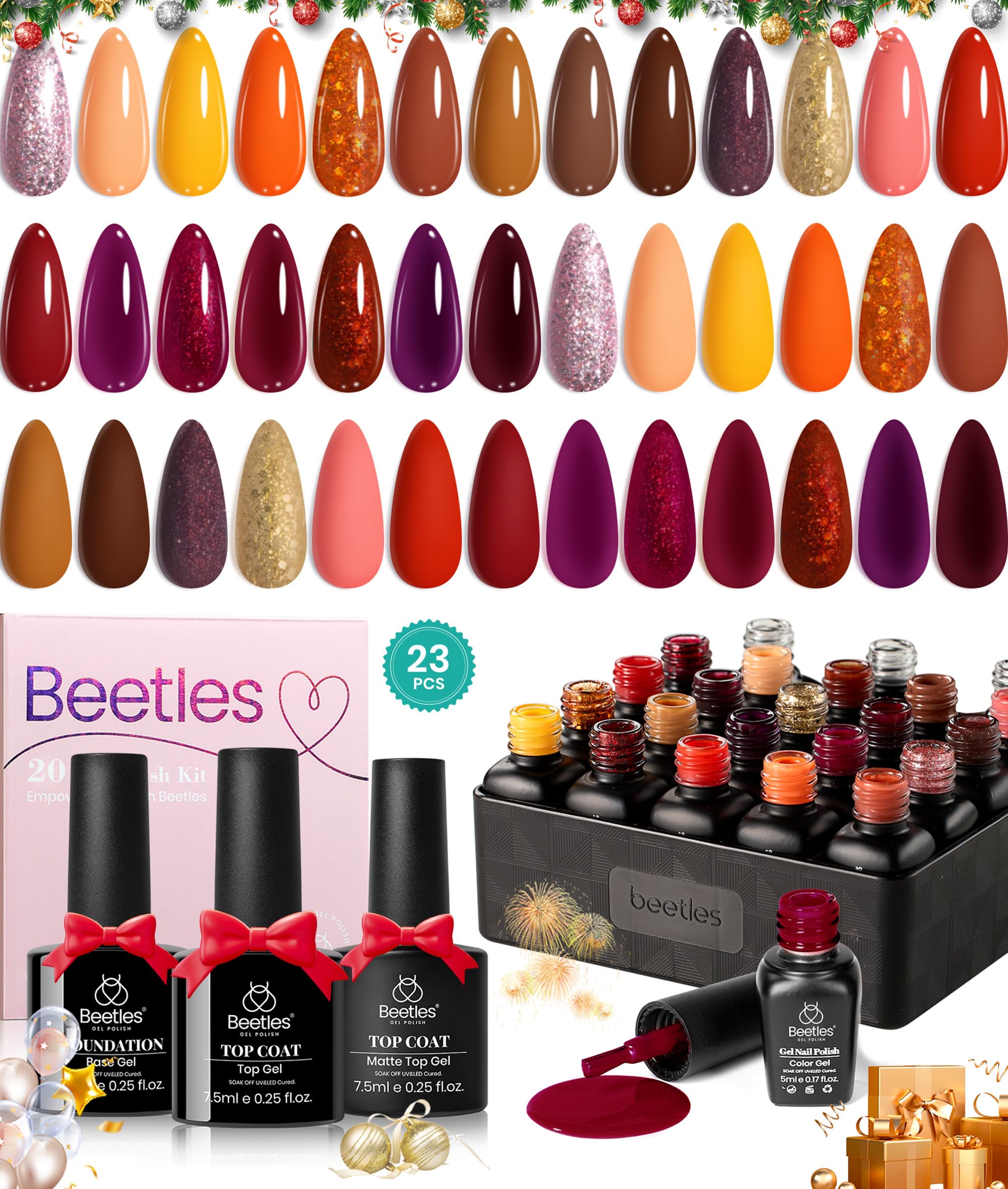 Beetles 23Pcs Fall Gel Nail Polish Kit 20 Colors with Base Gel Top Coat Orange Brown Burgundy Red Yellow Gel Polish Set Soak off Uv Golden Glitter Holiday Nail Art Gift for Girls - Image 7