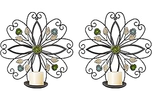 JUCONSIN Wall Candle Sconce Holder Set of 2, Antique Metal Wall Art Leaf and Flower Design Wall Mount Candleholder Wall Candle Holder Hanging for Living Room, Wedding, Fireplace, Farmhouse