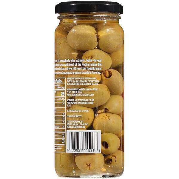 MARIO CAMACHO FOODS GREEK ORGANIC GREEN OLIVES PITTED WITH TOUCH OF OLIVE OIL, 6.0 OUNCE (PACK OF 6)