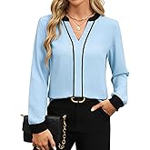 Fayenne Womens Tops Dressy Casual V Neck Color Block Business Casual Blouses Long Sleeve Work Shirts Fall Trendy Clothes