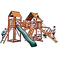 Gorilla Playsets 01-0006-AP Pioneer Peak Wood Swing Set with Wood Roof, Tire Swing, Clatter Bridge and Tower, Ramp, Slide, Two Swings, Amber