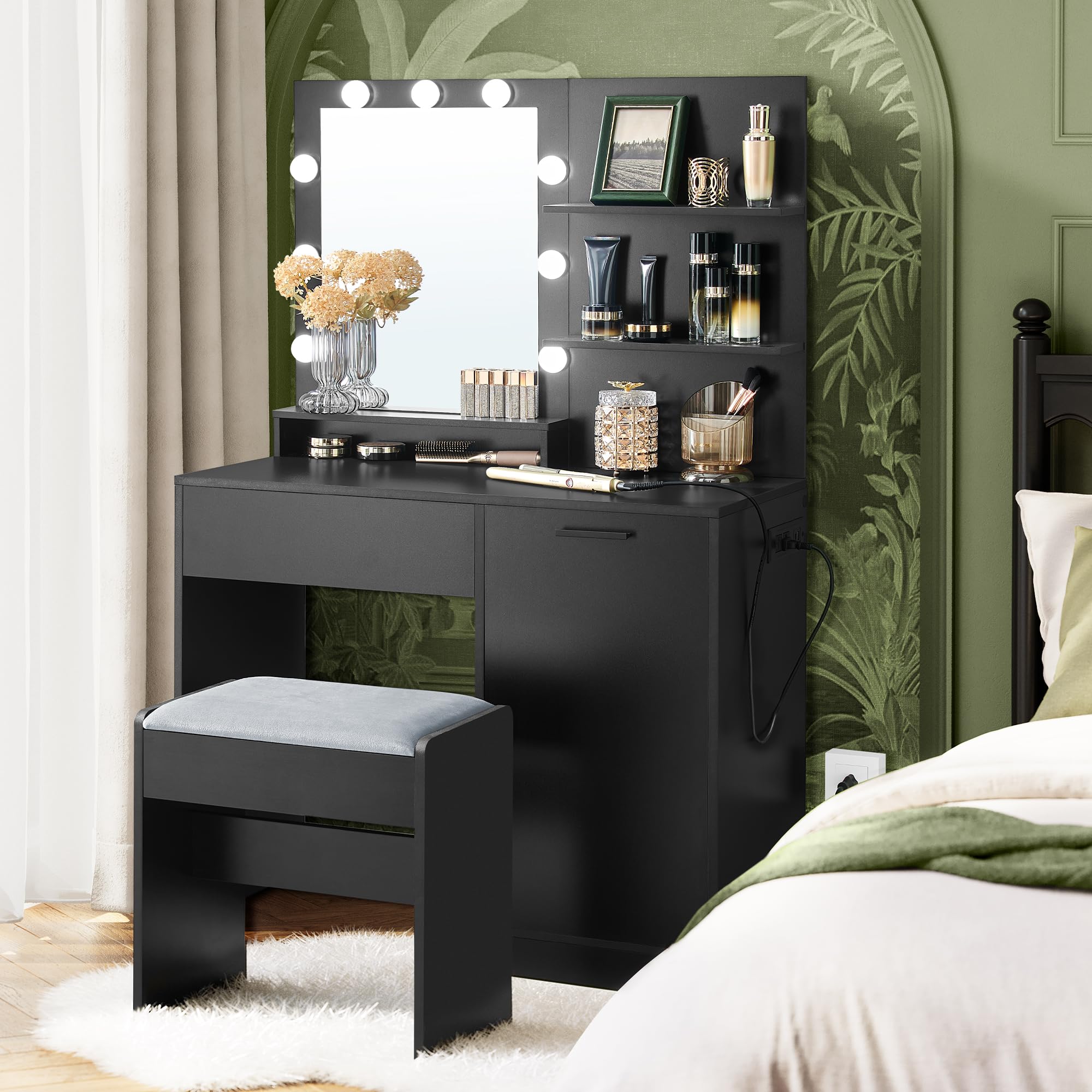 VASAGLE Vanity Desk with Mirror and Lights, 35.4-Inch Wide Makeup Vanity with Upholstered Vanity Stool, Power Outlets, Dimmable LED Lights, Storage Drawer, for Bedroom, Ink Black URDT128B01 Image