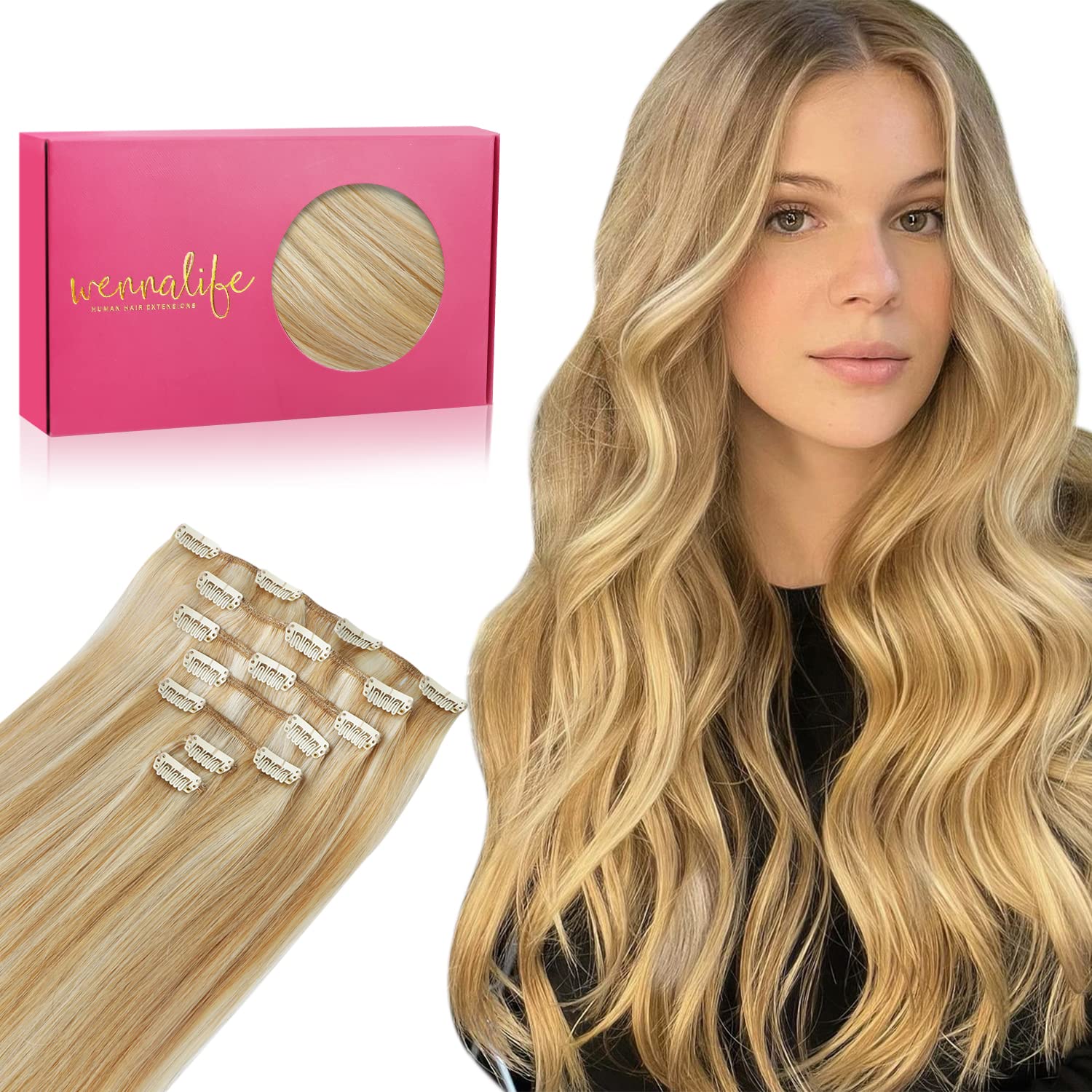 Wennalife Clip In Hair Extensions, 15 Inch 70g 7pcs Caramel Blonde Mixed Bleach Extensions Real Remy Human Natural Silky 1.0 count