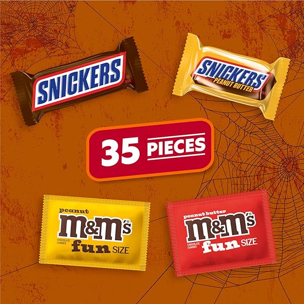 M&M’S PEANUT, SNICKERS CRUNCHY & SNICKERS ORIGINAL FUN SIZE TRICK OR TREAT INDIVIDUALLY WRAPPED MILK CHOCOLATE HALLOWEEN CANDY VARIETY ASSORTMENT, 35 CT BULK BAG