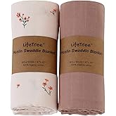 LifeTree Baby Girl Swaddle Blankets, Muslin Swaddling Wrap Receiving Blanket for Newborn, Organic Cotton, Large 47 x 47 inches, Solid Color/Flower Print