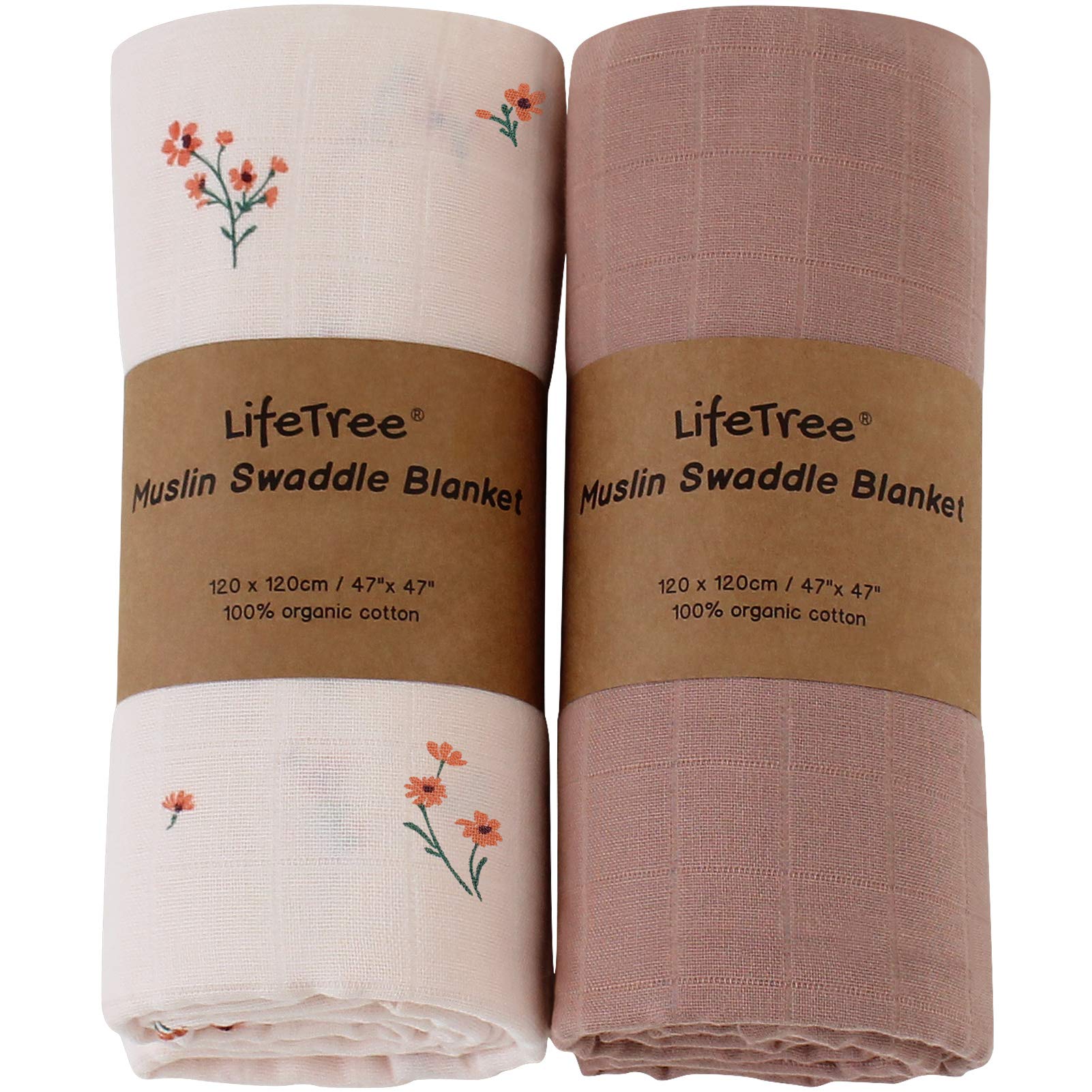 Photo 1 of LifeTree Baby Girl Swaddle Blankets, Muslin Swaddling Wrap Receiving Blanket for Newborn, Organic Cotton, Large 47 x 47 inches, Solid Color/Flower Print