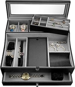 Valet Tray for Men| Sleek Dresser-Organizer Box for Storage & Display| Perfect for Phone, Watches, Sunglasses, Jewelry, Wallet, Rings, Necklace & More| Carbon Fiber & Faux Leather