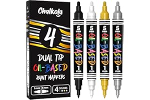 Chalkola 4 Oil Based Paint Markers - Oil Paint Pens Dual Tip (1mm Fine Tip + 5mm, White, Black, Gold & Silver) | Waterproof &