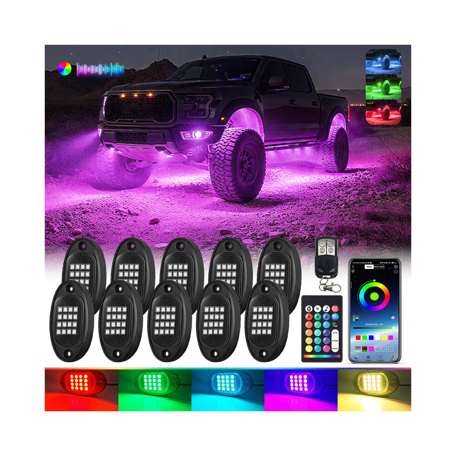 Photo 1 of 10Pods RGB LED Rock Lights Kit with APP/RF Remote Control, Segmented LED Underglow Lights Multi Zone Neon Exterior Light Multicolor 12v Waterproof for Truck Jeep UTV ATV Golf Cart Offroad SXS