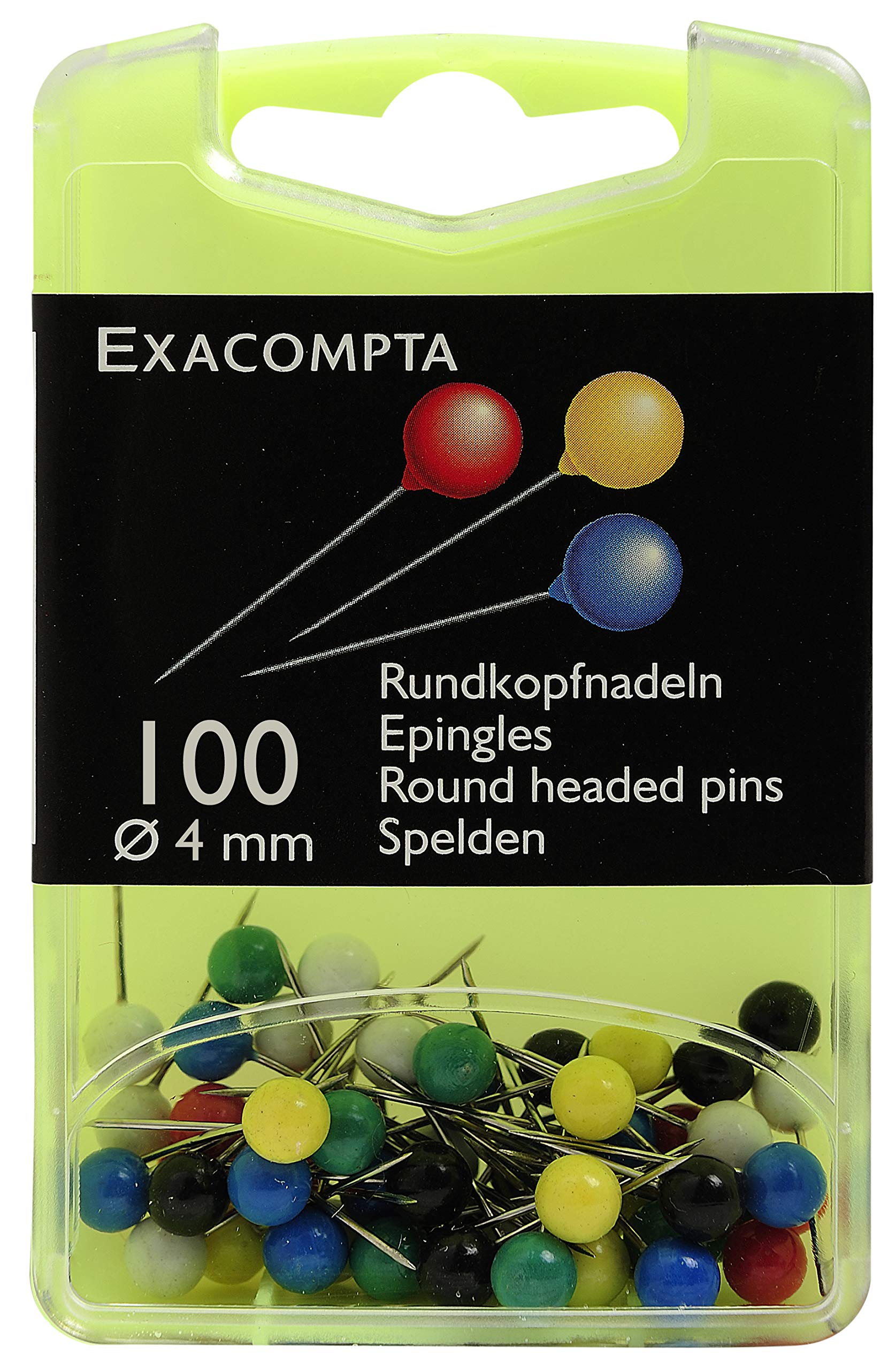 Exacompta - Ref 14345E - Round Head Push Pins (Pack of 100) - 4mm Wifth x 15mm Height in Size - Suitable for Pinboards or Corkboards in Offices, Homes & Businesses - Assorted Colours