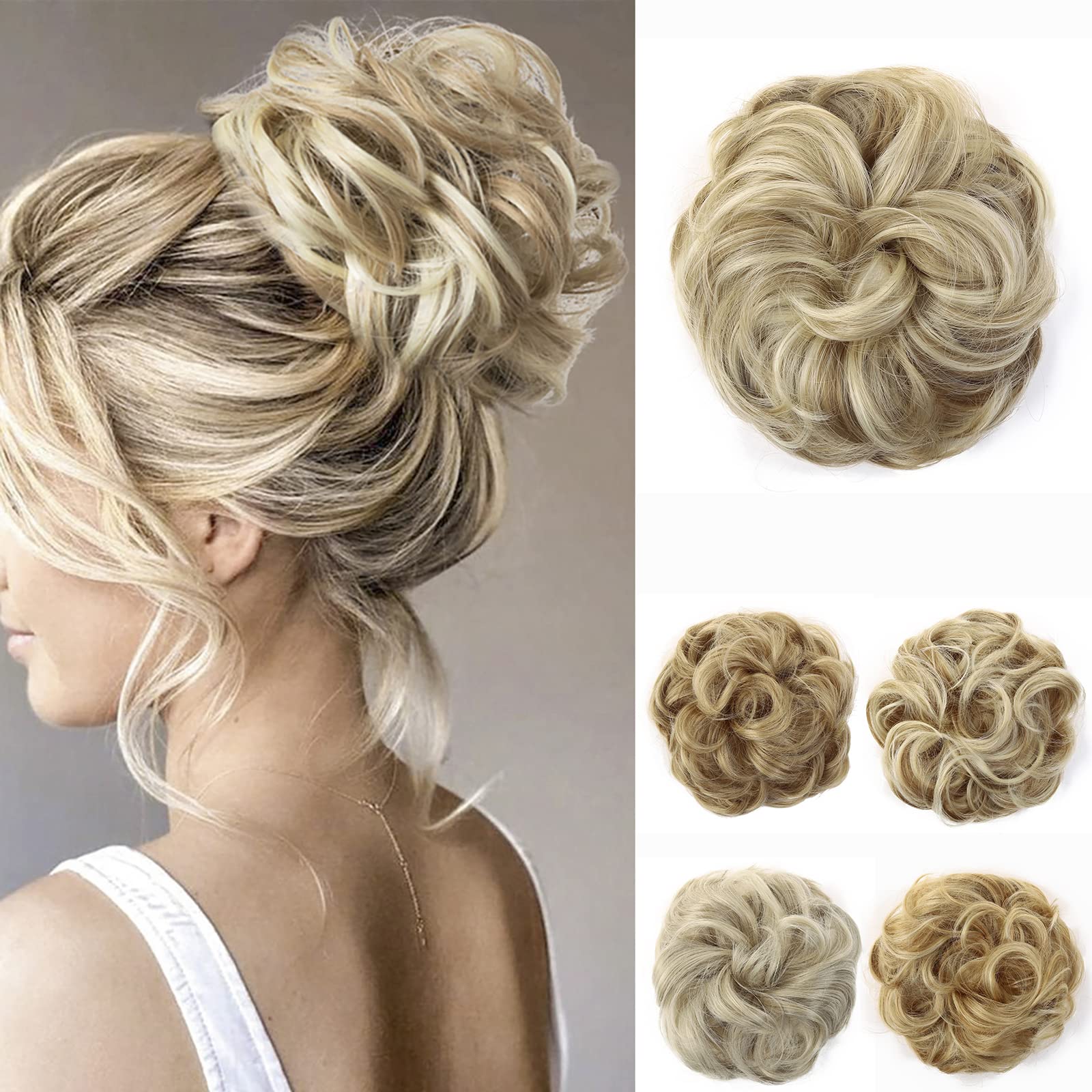 JJstar Messy Hair Bun Curly Wavy Hair Scrunchies Accessories Pieces for Women Girls Synthetic Chignons (Dirty Blonde)