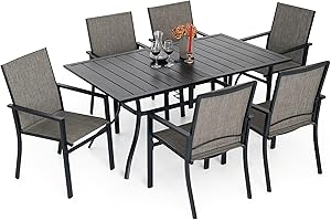 Anmutig 7 Pieces Outdoor Patio Dining Set for 6, Patio Dining Metal Chairs & Rectangle Outdoor Dining Table with 1.57"/1.9" Umbrella Hole for Backyard Bistro Outdoor Furniture Garden Light Tan/Grey