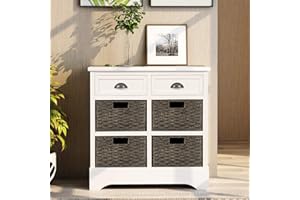 Rustic Storage Cabinet with 2 Drawers & 4 Wicker Baskets, Farmhouse Accent Chest with Spacious Storage for Living Room & Dini