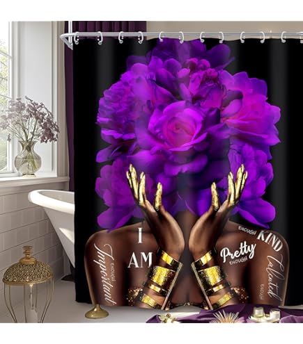Cortina De Ducha Morada MESHELLY - 60x72 Pulgadas, Diseño Afroamericano Con Peonías Y Frase Inspiradora