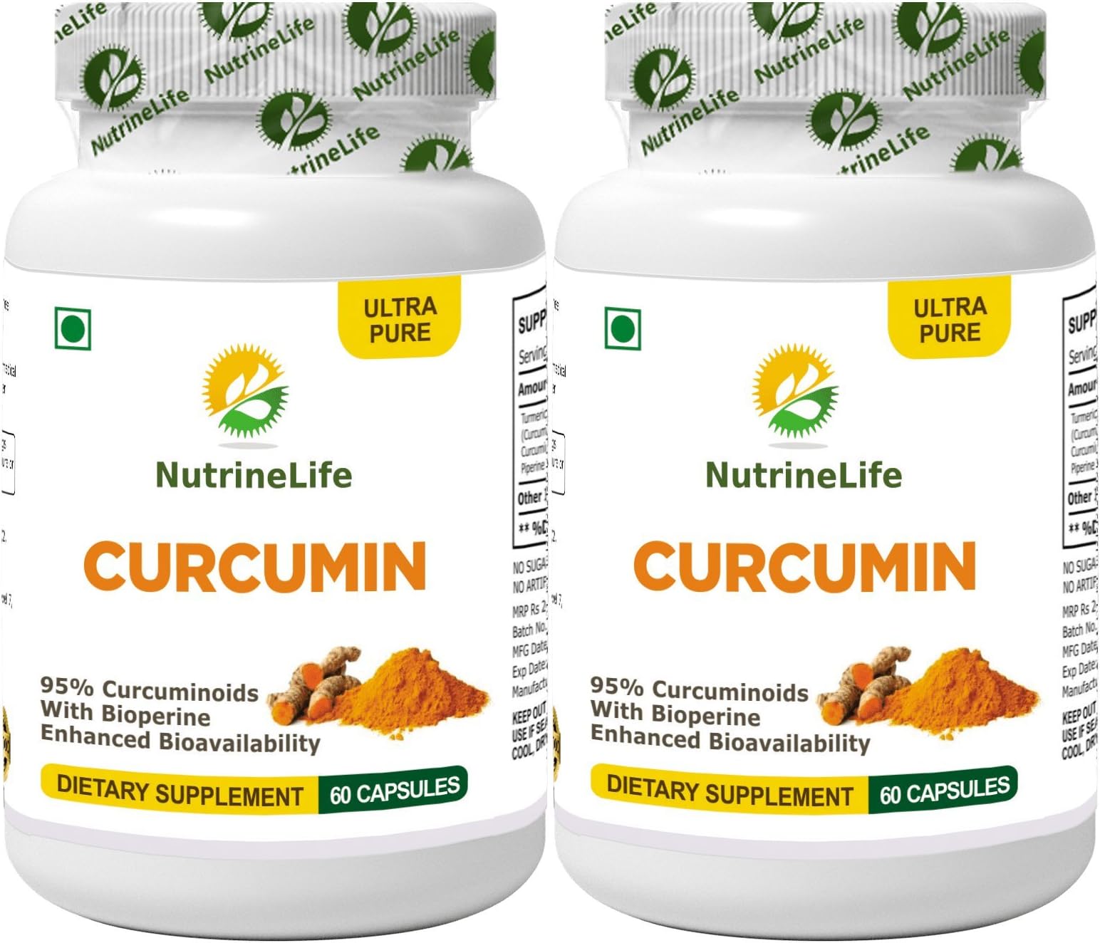 NutrineLife Turmeric Curcumin with Bioperine Black Pepper and Potency 95% Curcuminoids - 60 Capsules, (Pack of 2)