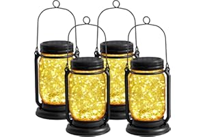 YJFWAL 4 Pack Hanging Solar Lantern Lights,Vintage Glass Mason Jar Solar Fairy Lights, Mothers Day Gifts for Woman Mom Grandmom,Outdoor Decorative Waterproof Table Lamp with Stakes for Patio Yard Lawn Tree
