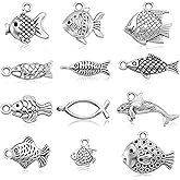 60 Pieces Fish Charms for Jewelry Making - Antiqued Silver Alloy Pendants in 12 Styles - Assorted Charms for DIY Craft Summer Bracelet Necklace Earring