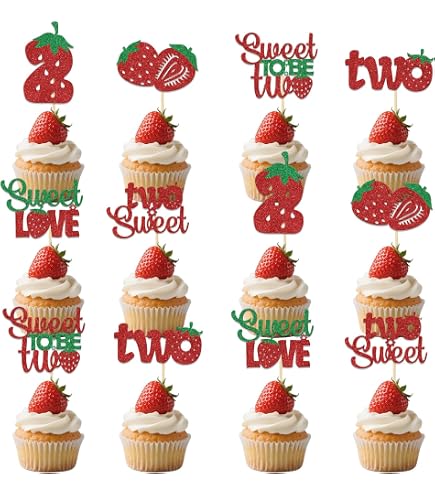 Morndew 24 Erdbeer-Cupcake-Topper – Für 2. Geburtstag, Babyparty, Hochzeit & Feiern (glitzernd)