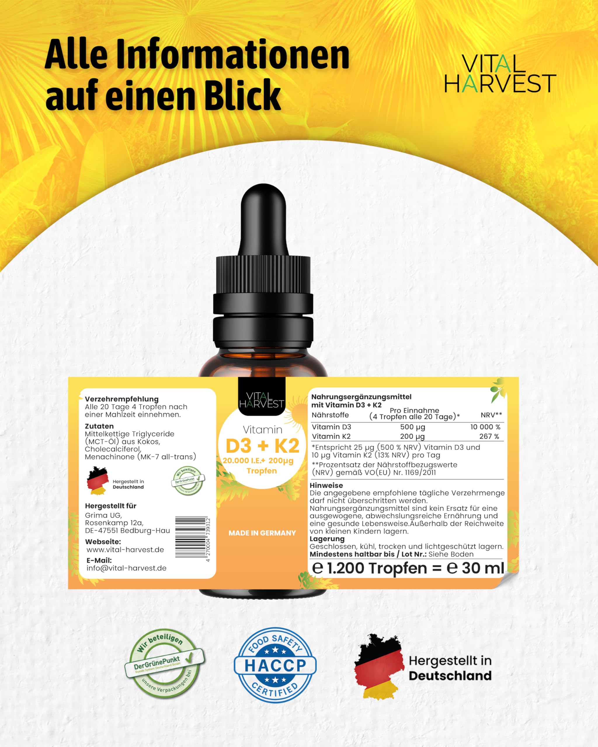 Vital Harvest® Premium Vitamin D3 K2 Tropfen 5.000 IE 30ml | Depot mit D3 & K2 MK-7 | Veganes Vitamin D3 + Vitamin K2 MK7, laborgeprüft in Deutschland hergestellt - ohne Zusatzstoffe (30ml) 6