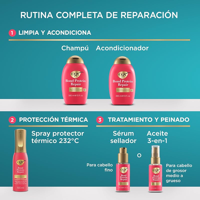 Bond Protein Repair Rutina con Champú OGX (385ml), Acondicionador (385ml) y Sérum Pelo(50ml), Tratamiento Hidratante Cabello para Pelo Seco y Dañado, Refuerza la Fibra Capilar, Sin Sulfatos