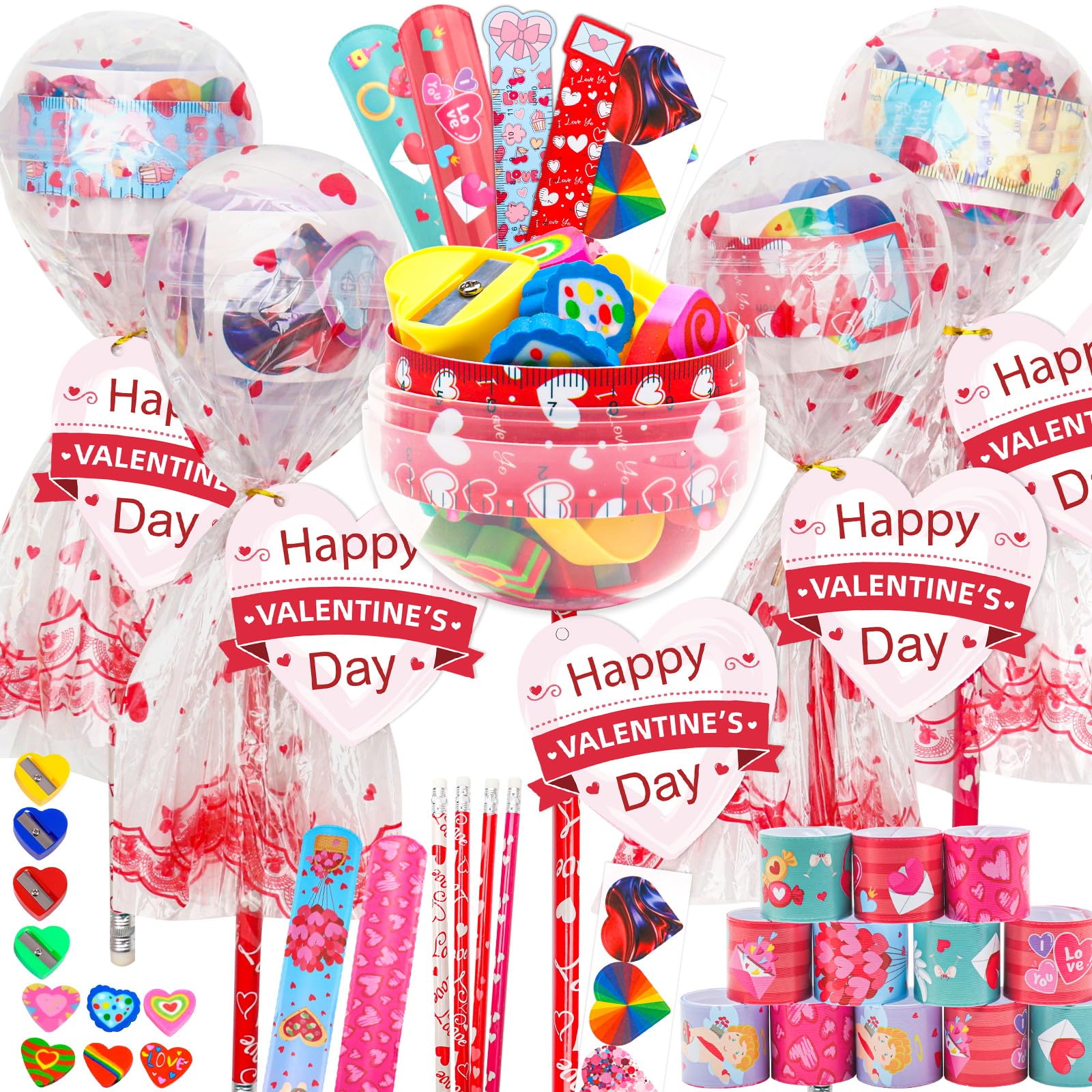 View 1 of 24 Pack Valentines Gifts for Kids-Lollipop Stationery Set for Classroom Exchange with Valentines Cards, Party Favors and Goodie Bag Fillers, Includes Pencils, Rulers, Erasers and Slap Bracelets