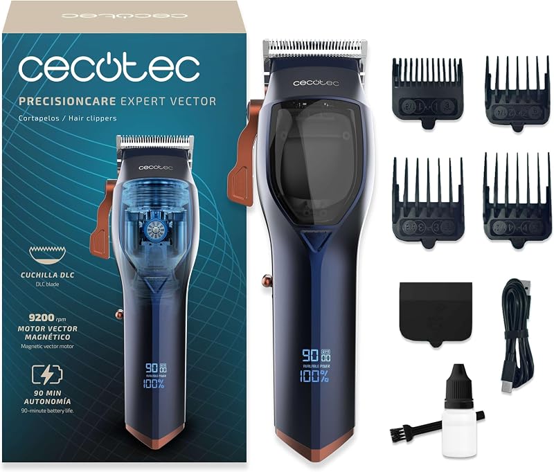 Tagliacapelli con Motore Vector Magnetico PrecisionCare Expert Vector. 9200rpm, 4 Pettini, Lama DLC in Acciaio Inox e Ceramica, Display, Autonomia 90min, Caricabatterie Tipo C
