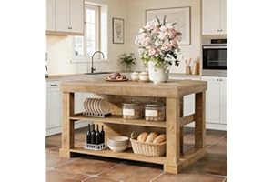 LITTLE TREE 55 Inches Kitchen Island with Storage, 3-Tier Farmhouse Wooden Stationary Island Table with Large Worktop & Leg R