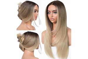 BrownBomb Ombre Blonde Wear and Go Glueless Wigs Pre Plucked Pre Cut for Beginners Synthetic Lace Front Wigs With Bangs Blonde Long Layered Straight Wigs 26 Inch 3 Seconds to Wear for Beginners