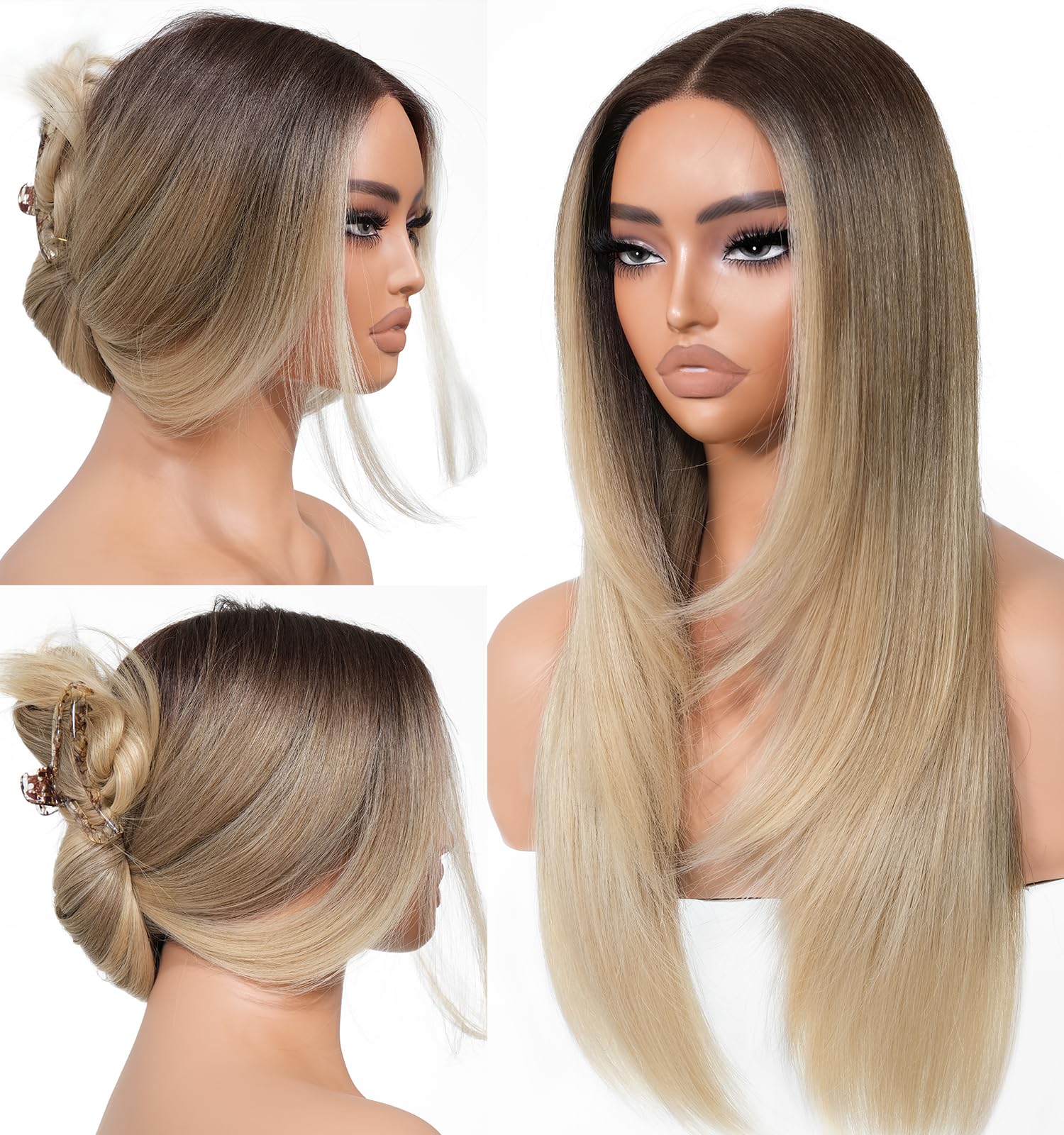 Photo 1 of BrownBomb Ombre Blonde Wear and Go Glueless Wigs Pre Plucked Pre Cut for Beginners Synthetic Lace Front Wigs With Bangs Blonde Long Layered Straight Wigs 26 Inch 3 Seconds to Wear for Beginners