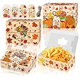 YVAINE 24pc Fall Thanksgiving Cookie Boxes with Gift Tags Hemp Rope,Maple Leaf Shape Window Gift Cardboard Paper Treat Bakery Boxes for Harvest, Thanksgiving Goodie Candy Party Supplies