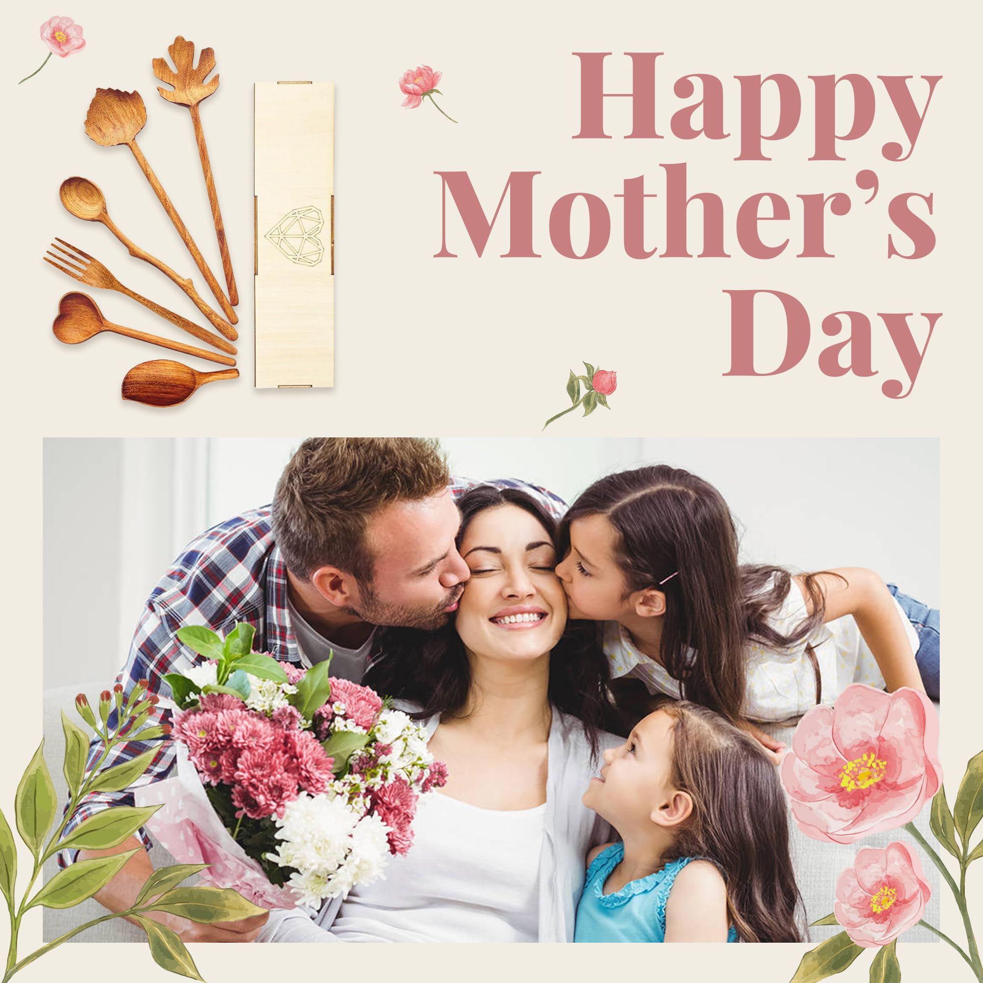 Bobby Creativity Natural Wooden Spoons and Forks Set (Set of 6), Hostess Gifts for Women, Couple, Christmas Gifts Ideas, New Year for Mom, Kitchen Cottagecore, Handmade Cooking Gift Ideas