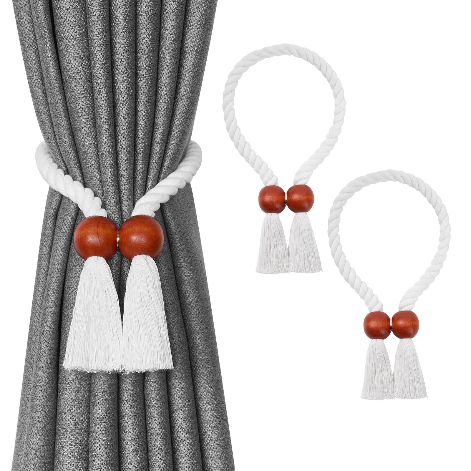 Pretty Jolly 2 Pack Wooden Ball Magnetic Curtain Tiebacks Boho Home Decor Drape Tie Backs Natural Cotton Hand Woven Rope Curtain Holdbacks for Thin & Thick Home & Office Window Draperies (B-White)