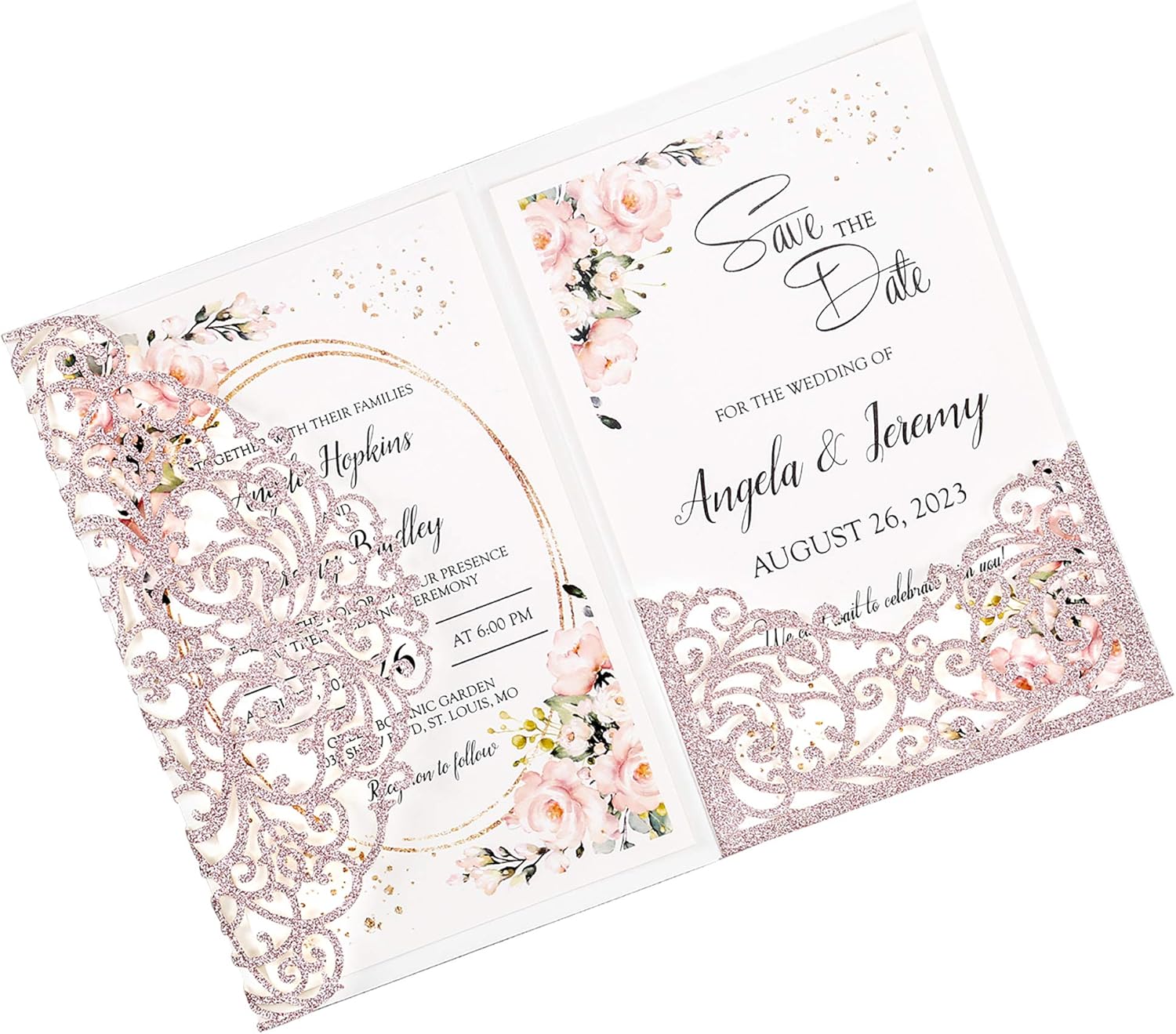 DORISHOME 25pcs Glitter Rose Gold Blank 4.7x7 Inch Wedding Invitation Kits Laser Cut Hollow Rose Pocket Wedding Invitations with Envelopes For Wedding Bridal Shower Engagement Invite