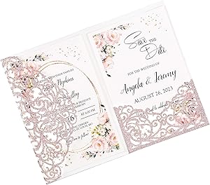 DORISHOME 25pcs Glitter Rose Gold Blank 4.7x7 Inch Wedding Invitation Kits Laser Cut Hollow Rose Pocket Wedding Invitations with Envelopes For Wedding Bridal Shower Engagement Invite