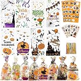 HalloweenCandy Bags Treats Bags, 200 PCSHalloween Cellophane Bags for Kids Treat or Trick Party Supplies, 8 Styles HalloweenGoodies Bags Gift Bags with Tattoo Stickers for HalloweenParty Favors