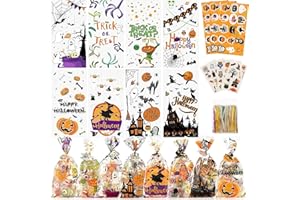 AOSTAR HalloweenCandy Bags Treats Bags, 200 PCSHalloween Cellophane Bags for Kids Treat or Trick Party Supplies, 8 Styles HalloweenGoodies Bags Gift Bags with Tattoo Stickers for HalloweenParty Favors