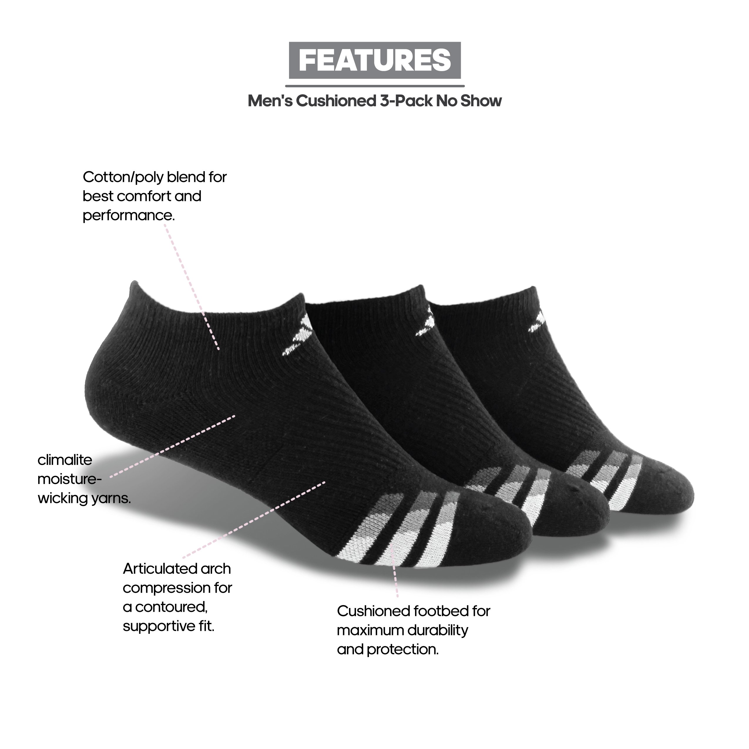 adidas Men's Cushioned No Show Socks (3Pair) ExerciseN