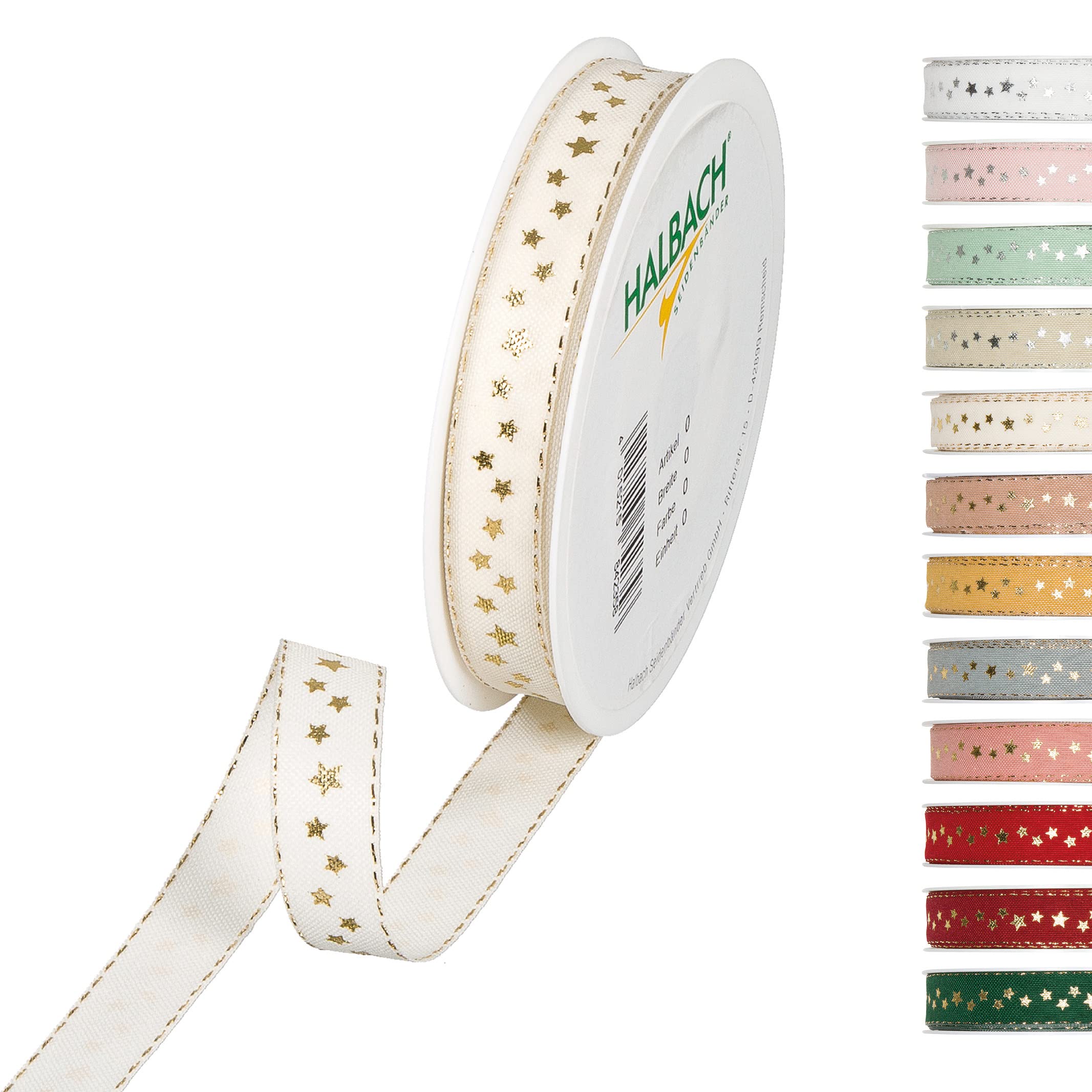Halbach Seidenbänder Christmas Ribbon 15mm x 18m Christmas Gift Wrapping Ribbon Christmas Gift Wrapping Ribbon with Gold Stars and Lurex Edges - Cream