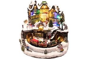 taman Christmas Village Houses - Collectible Buildings with Moving Train, Family & Snowman, Warm Light Musical Ornaments for Christmas Holiday Decorations
